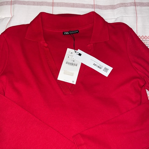 Zara Long Sleeve Polo V Neck Dress, LARGE, Red - Picture 5 of 6